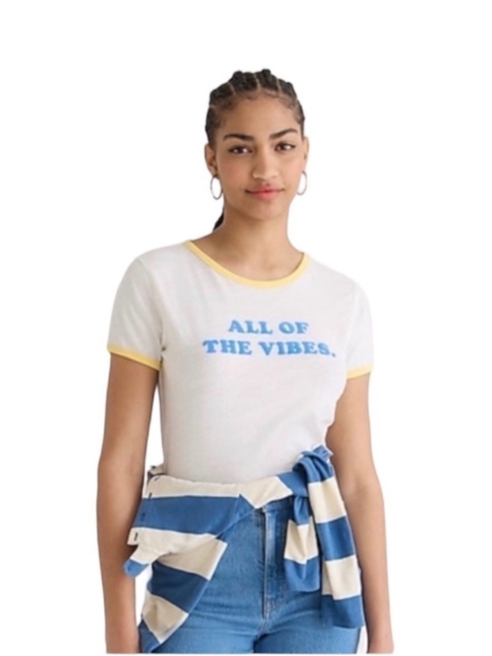 J. Crew All of the Vibes" White Graphic Ringer Tee with Yellow Trim Large NEW